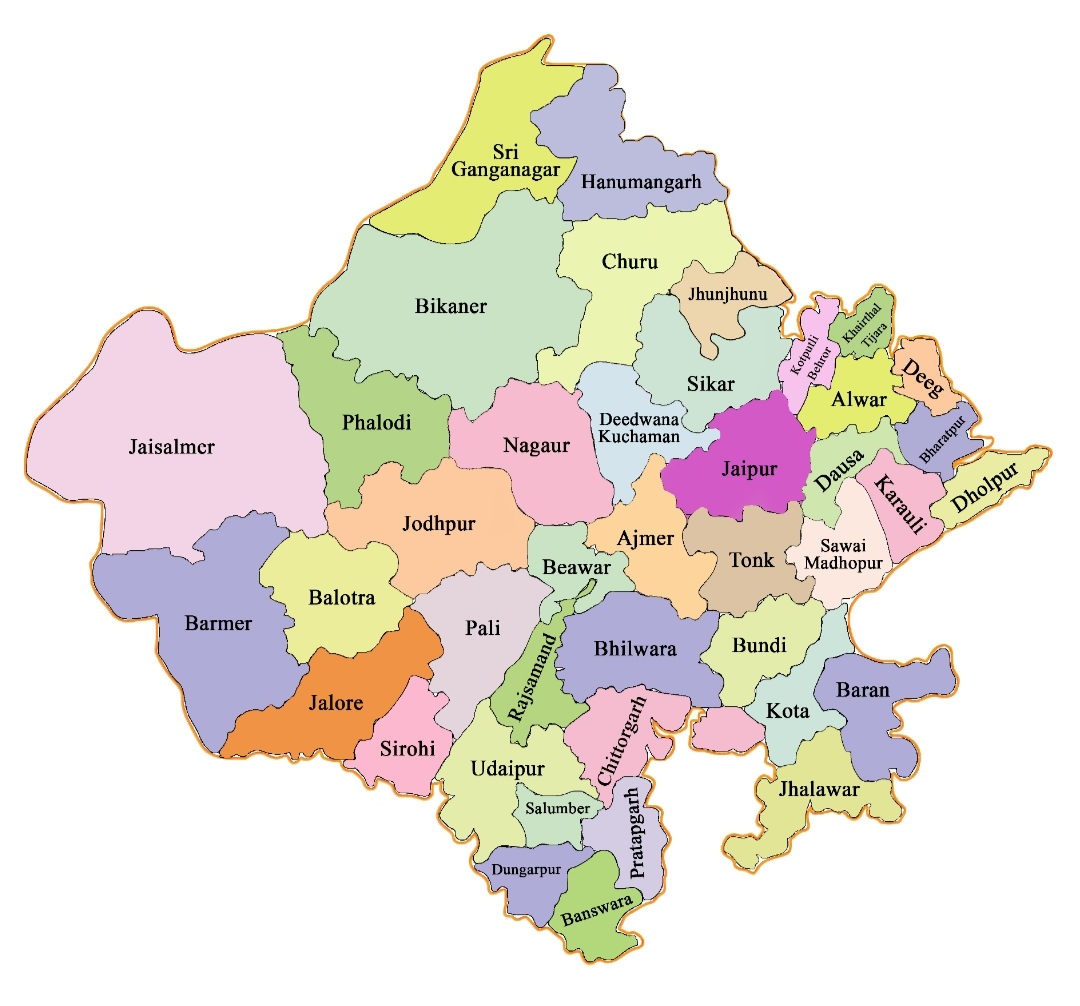 Rajasthan district map with MNSS active operational districts highlighted